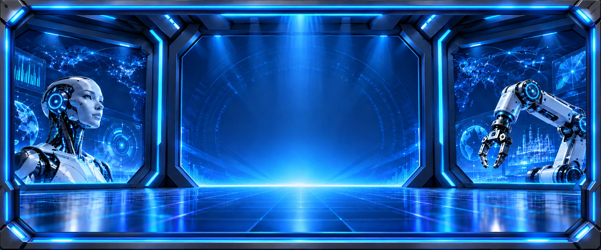 Blue robotics-themed LED stage backdrop concept