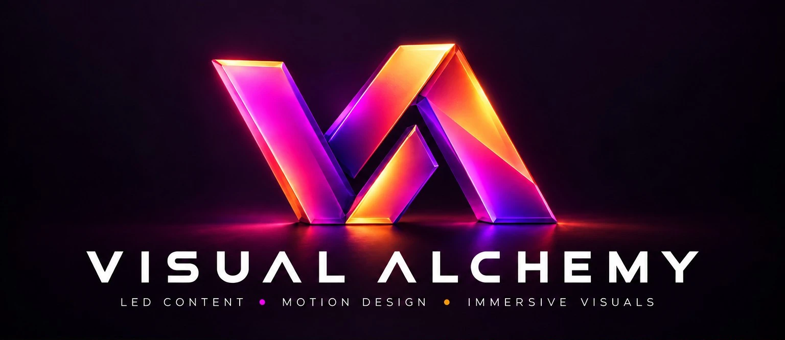 Visual Alchemy monogram in vibrant magenta, violet and gold
