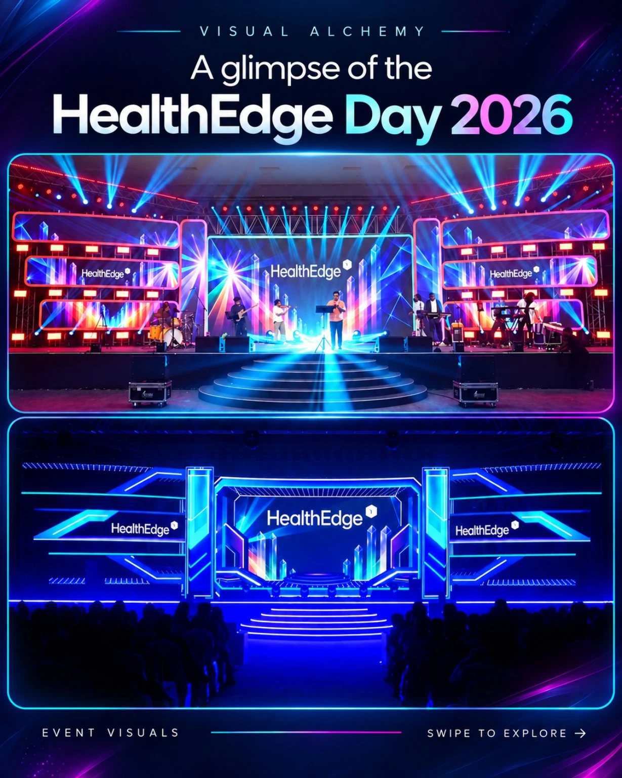 HealthEdge Day 2026 collage showing two colourful LED stage looks