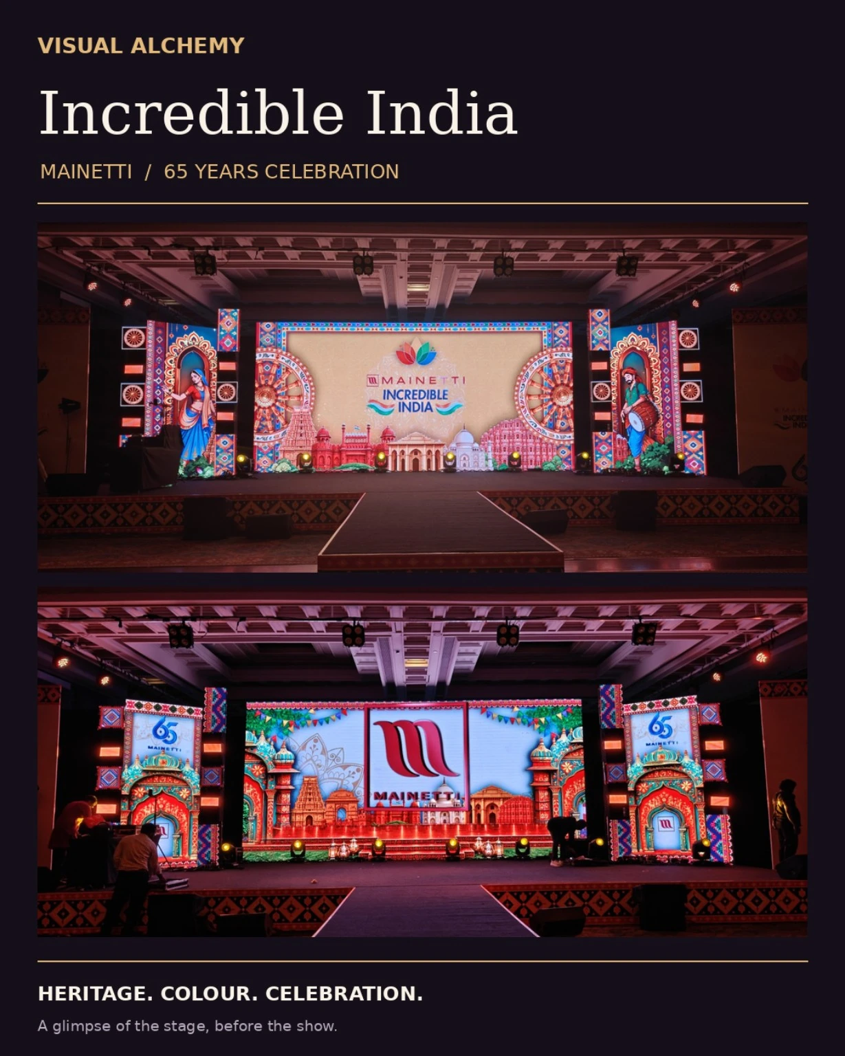 Mainetti 65 Years Celebration collage featuring Indian heritage-themed LED visuals