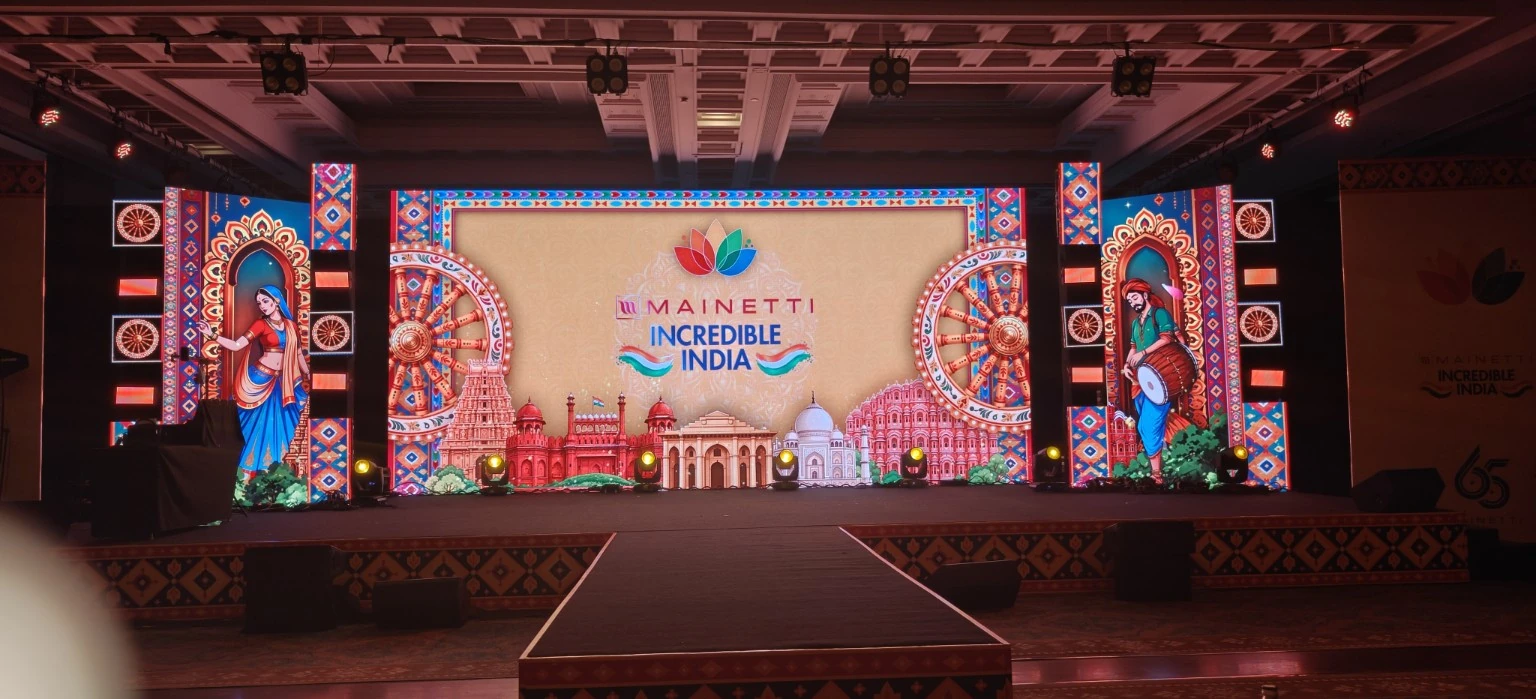 Mainetti Incredible India stage with colourful Indian monuments and cultural illustrations